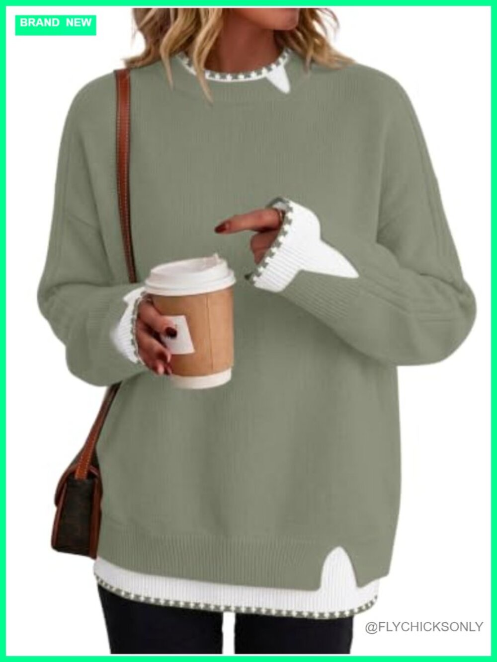 Womens Ribbed Knit Crew Neck Pullover Sweater Oversized 2-in-1 Layered
